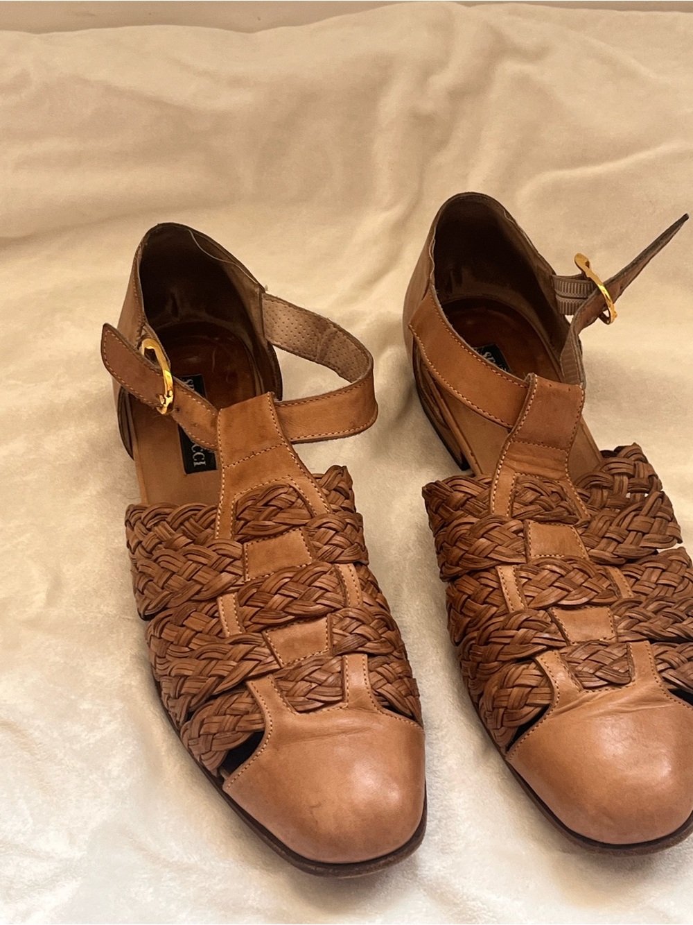 Sesto Meucci Woven Leather Flats in Tan Brown with Gold Buckle